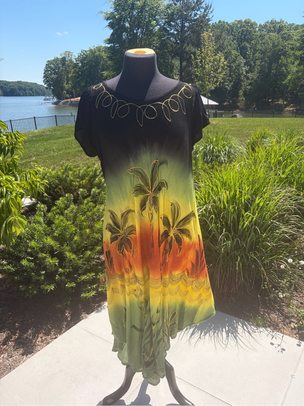 Vintage Tropical Palm Tree Rayon Midi Dress – Free Size / Fits M-L
